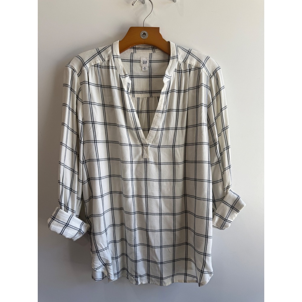 Gap Womens Plaid V-Neck Tunic Top White Navy Blue Windowpane Popover Blouse M